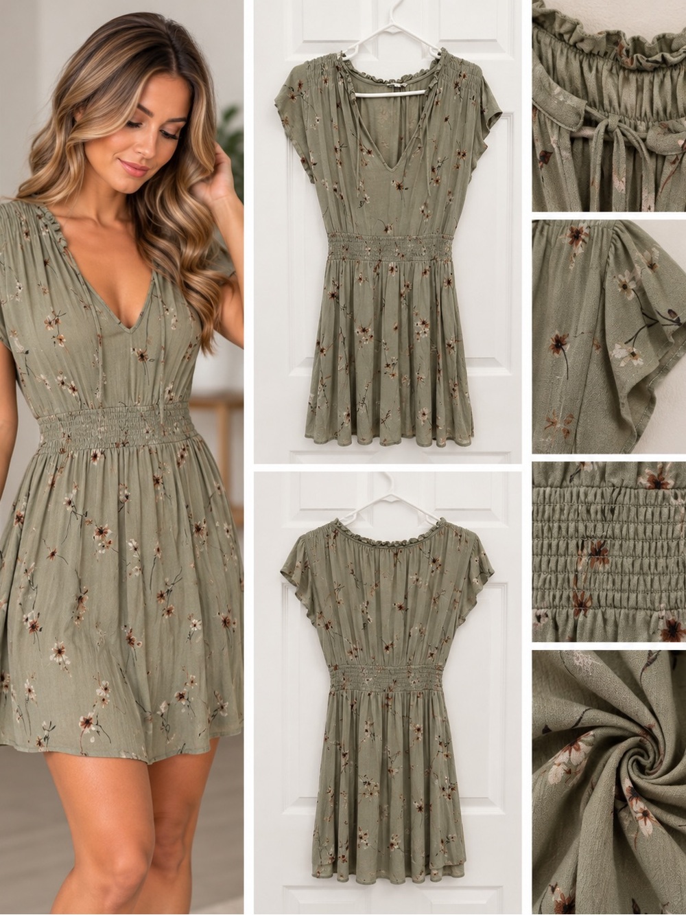 Signature Olive Green Floral V-Neck Mini Dress